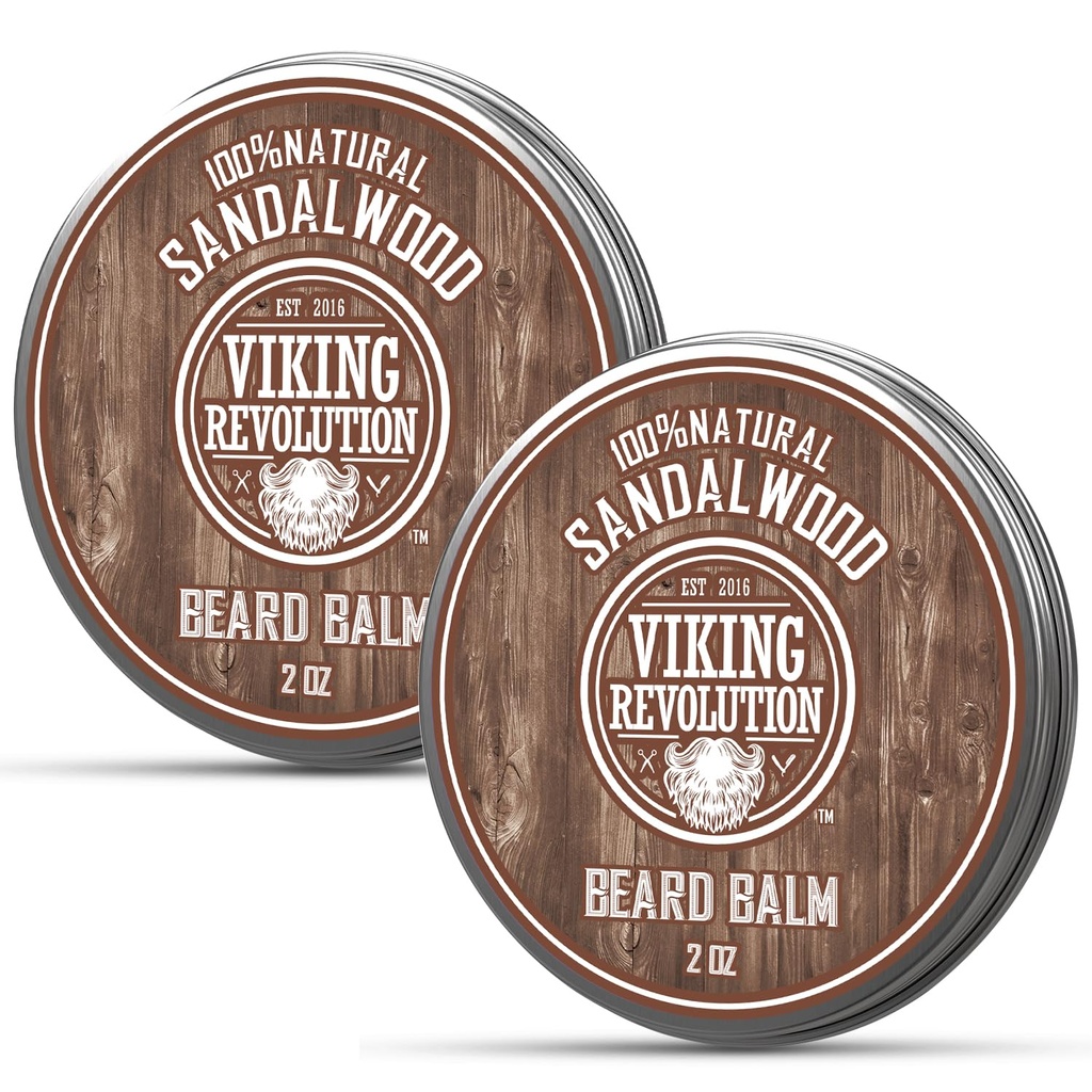 Viking Revolution Sandalwood Beard Balm - Bradato maslo z arganovim oljem, Brada Mehkužec za moške z Jojoba olje - Brada Vlažilec za moške z čebeljim vosek - Brada Vosek za moške (2oz, 2 Pack)