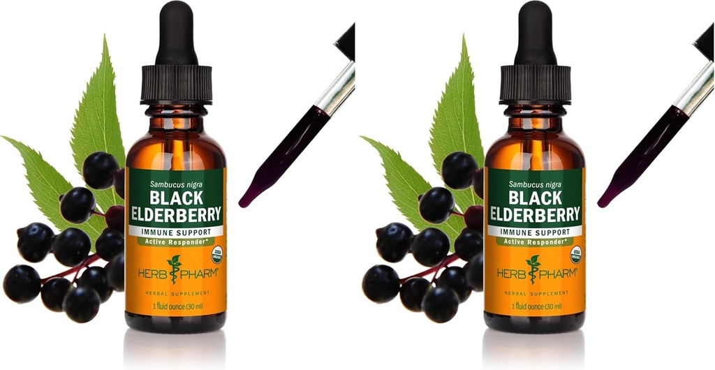 Herb Pharm Certified Organic Elderberry Tekoči ekstrakt za podporo imunskega sistema, Organski trs alkohol, 1 Oz (Pack z 2)