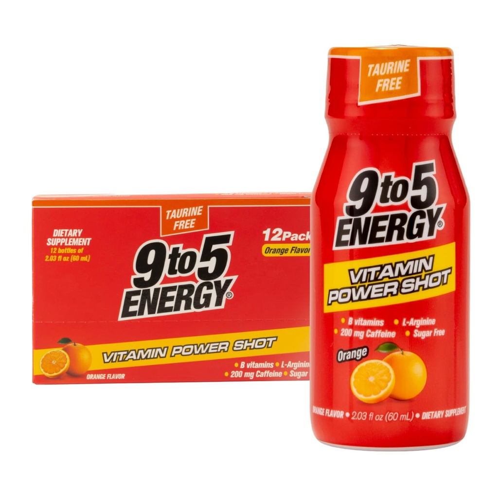 Vitamin Power Shot - Orange Flavor, Taurine-free, Sugar-free, 12 Pack (2.03 fl oz vsak) - Povečajte energijo, fokus in Vitalnost z B vitamini in L-arginin