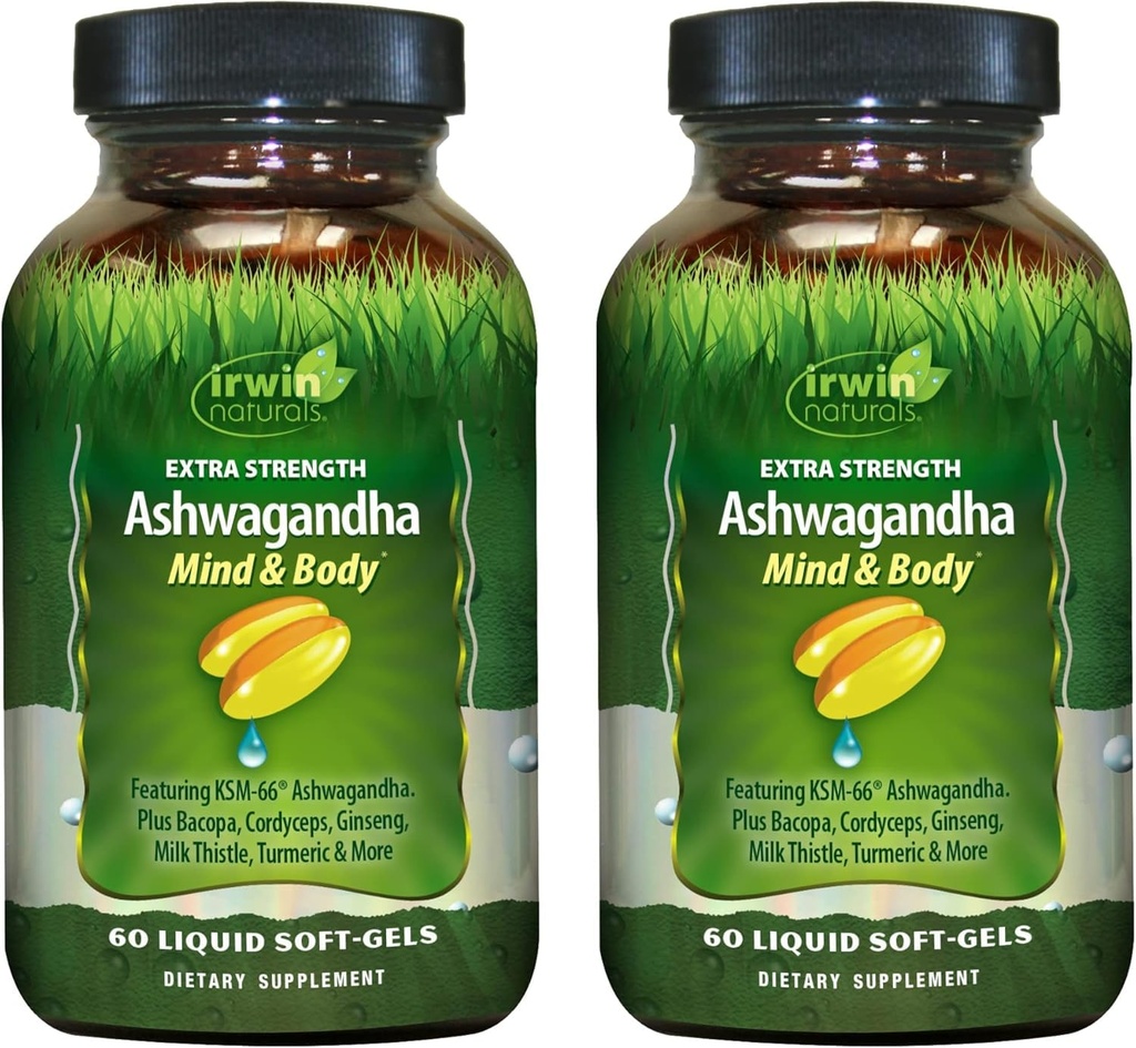 Irwin Naturals Extra Strength Ashwagandha - 60 Liquid Soft-Gels - pomaga povečati telesno in duševno zmogljivost - s Tumeric & Milk Thistle - 60 Servings
