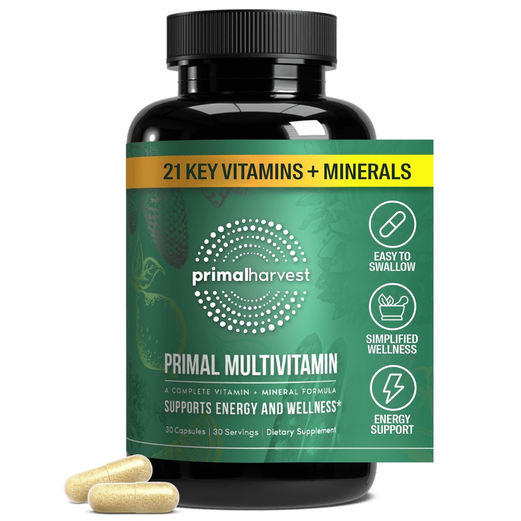 Primal Harvest Primal Multivitamin - dnevni multivitamin dodatek z 21 Esencialni vitamini in minerali za ženske in moške - vitamin A, C, D, E, B12, B6, Biotin, Folna kislina, cink, baker in selen
