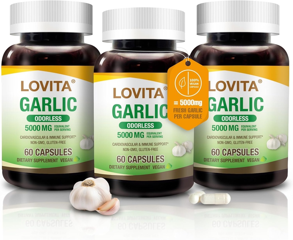 Lovita Kapsule brez česna, 5000 mg, ekvivalent sveže česen, 1,25% ekstrakta alicina, podpira srce, krvni tlak, holesterol in imunski sistem, ne- GMO, gluten-free, 180 veganskih kapsul