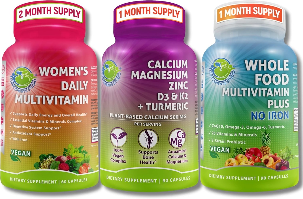 Veganski multivitamini in kalcijev trio – celi prehranski multivitamin z železom + ženskim dnevnim multivitaminom z železom + na rastlinah osnovanim kalcij, magnezij, cink, D3, K2 & Kurmer – energija, kost in imunost