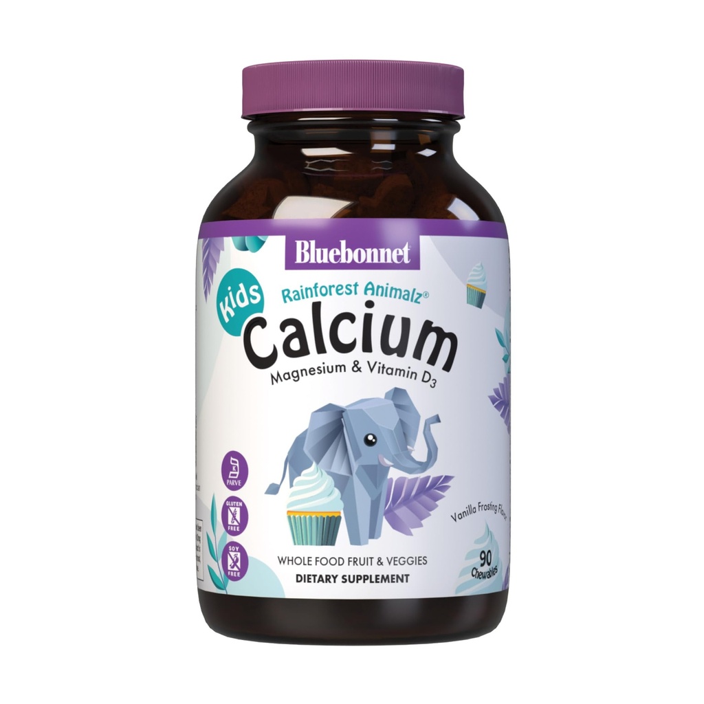BlueBonnet Super Earth Rainforest Animals Calcium Magnezij in vitamin D3 Žvečenje, naravno zamrzovanje Vanilla, bela, 90 Število