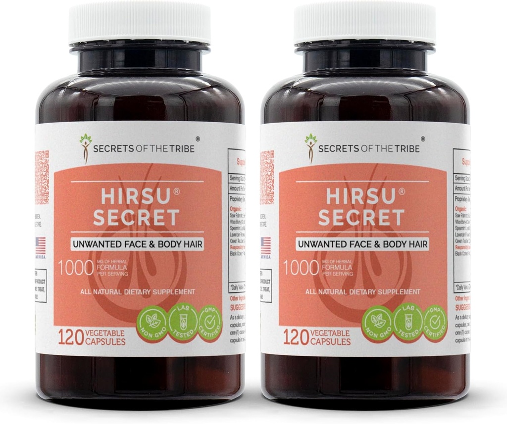 Hirsu Secret 120 kapsul(2 kosa), 1000 mg, Saw Palmetto, Black Cohosh, Vitex, Spearmint, sivka, zeleni čaj. Neželena obrazna in telesna dlaka (2x120 kapsul)