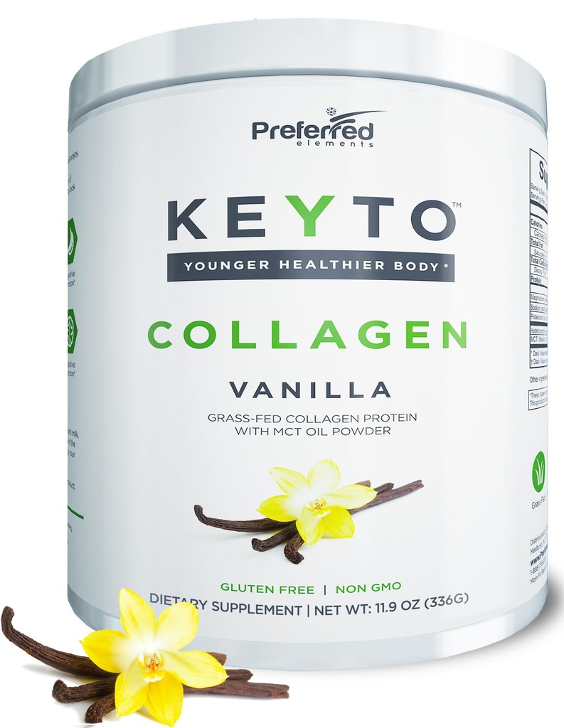 Keto Collagen Protein Powder z MCT oljem – Keto in Paleo Prijazna travna krma in pašta dvignjeni hidrolizirani kolagen peptidi – Fits Low Carb Diet in Keto Prigrizki – KEYTO Vanilla Flavor