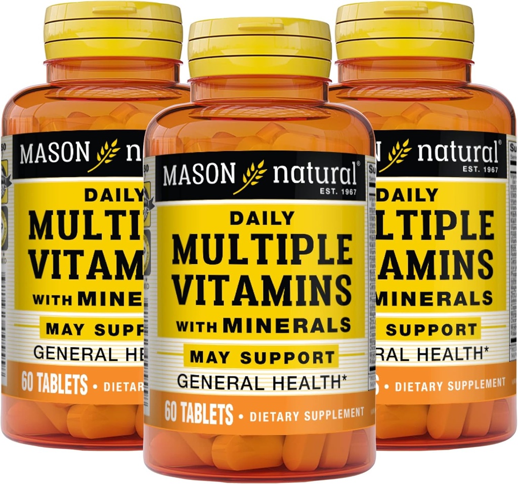 MASON NATURAL dnevno več vitaminov z minerali - 24 Esencialni vitamini in minerali, Vse v enem multivitaminu, Podpira splošno zdravje, 60 tablet (Pack of 3)