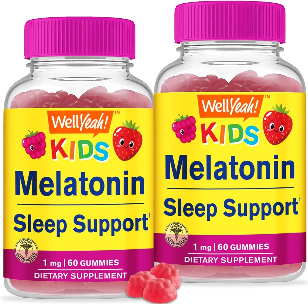 WellYeah Kids Melatonin Gummies 1 mg (2 paket) - dopolnilo brez zdravil za pomoč pri spanju Gummy, podpora za spanje za otroke - Gluten Free, želatina brezplačno, ne gensko spremenjeni organizmi, vegetarijanski - naravni vir okus - 60 Gummies