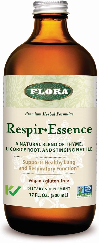 Flora - Respir-Essence - podpira Lung & dihalno zdravje - vsebuje timijan, Likorice Root, Elecampane & More - Non-GMO, Vegan, Gluten-free & Kosher - 17 fl. oz. Steklenica