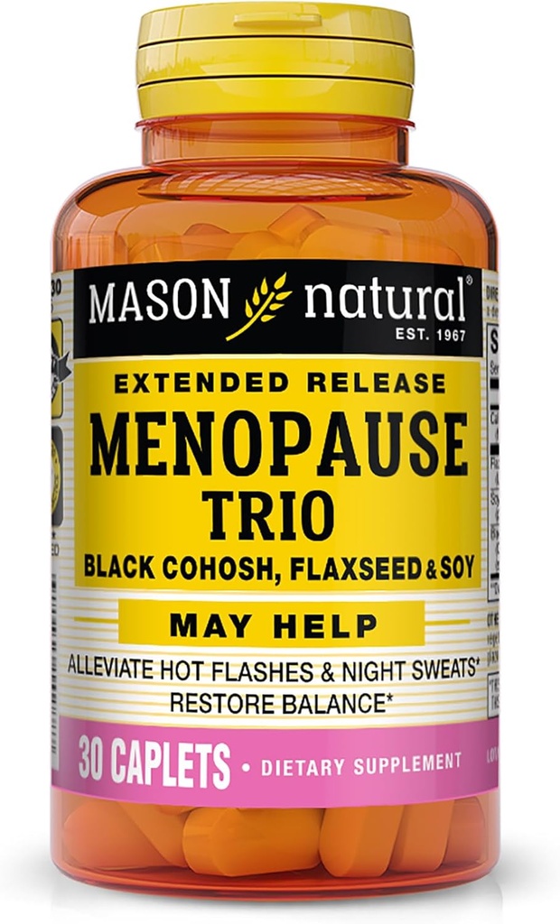 Mason Natural Menopause Trio: Black Cohosh, Flaxseed, & Soy (Razširjena sprostitev) - Maj Alleviate Hot Flashes & Night Sweats*, Podpira zdravo Hormonovo ravnovesje*, 30 Kaplet