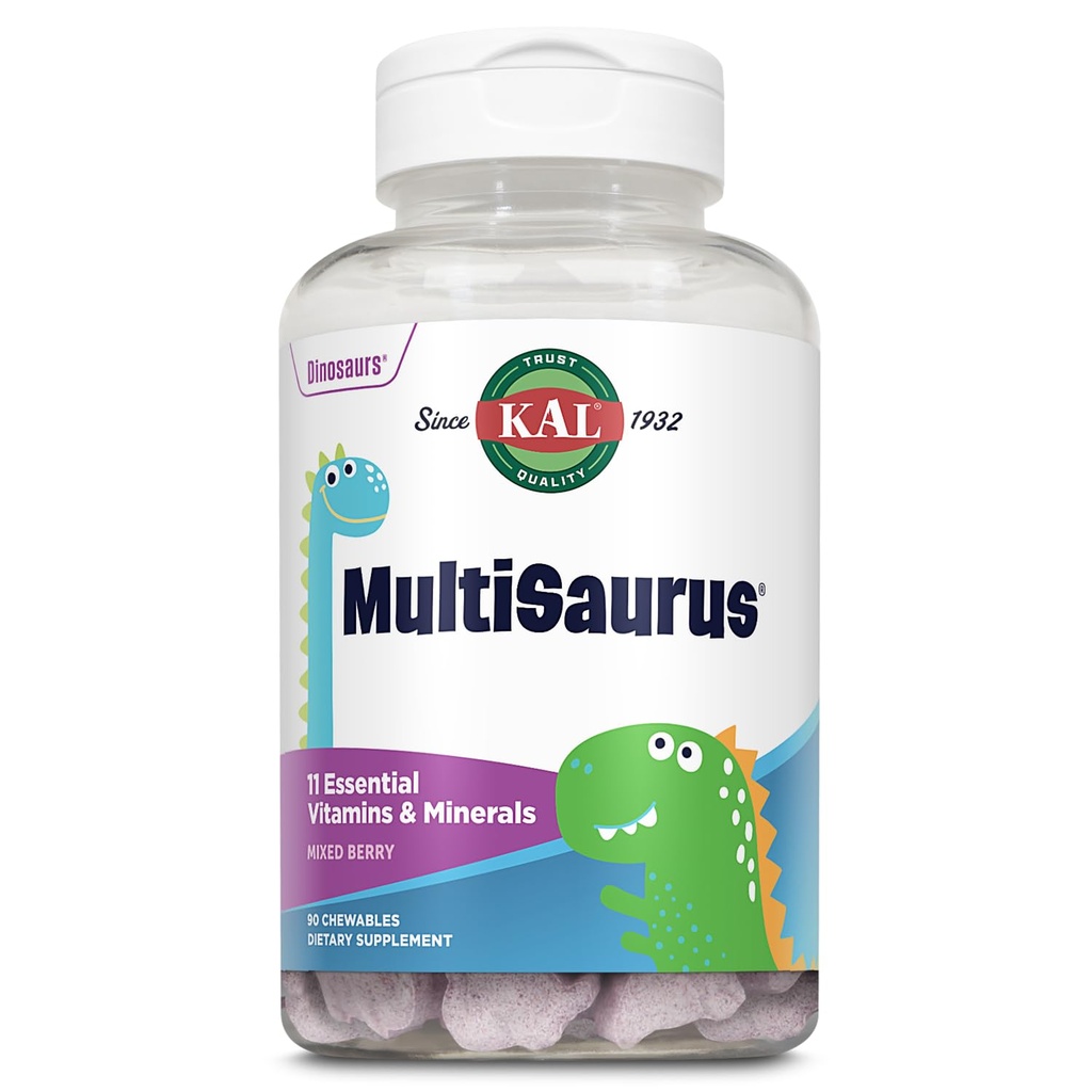 KAL MultiSaurus otroci žvečljivi multivitamini, 11 Esencialni vitamini in minerali za otroke, mešane jagodne arome, Gluten in konzervansi brezplačno, 90 Servisi, 90 Dinozavri oblikovani žvečilni izdelki