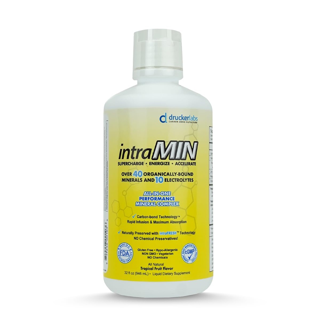 DRUCKER Labs - IntraMIN Organic Tekoči sled Minerali Prehranska dopolnila za moške, ženske, otroke, Imunska podpora, Podpora mišic, Ne GSO, Gluten Free, Vegan, Elektroliti (32 oz., Tropical Fruit Punch)