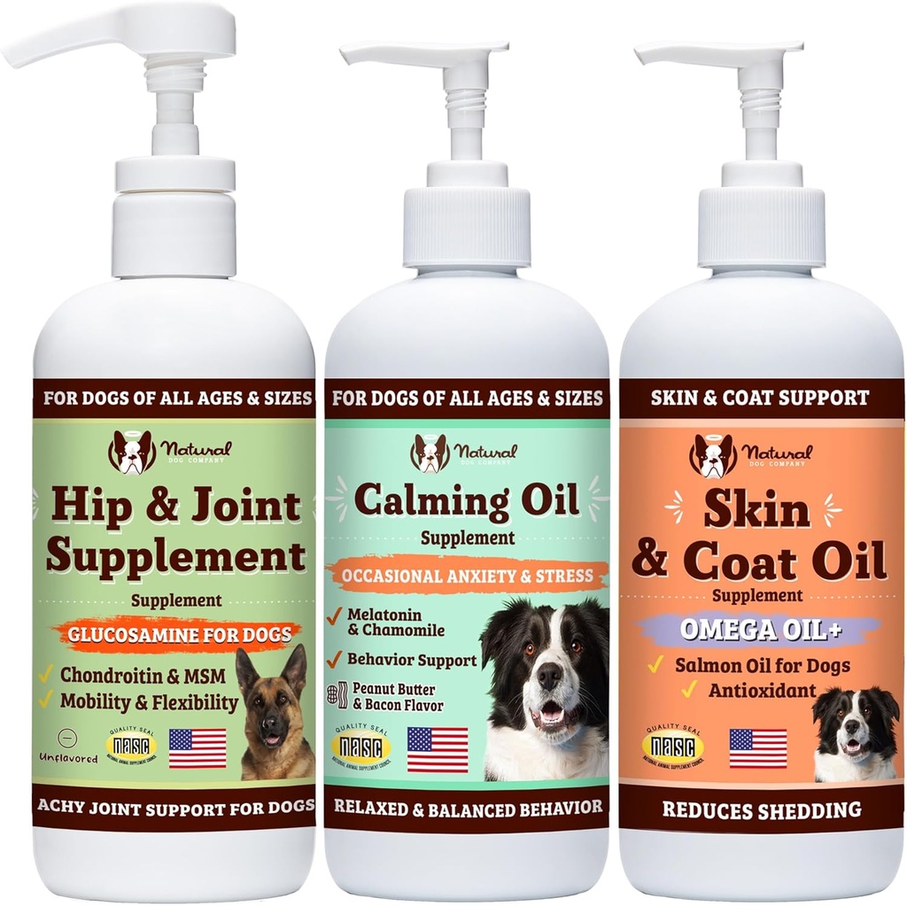 Družba Natural Dog Company Wellness Bund$le za pse, Toppers hrane, tekoči dodatki z (1) Koža in Coat olje, (1) Tekoči glukozamin, (1) Umirjanje olje