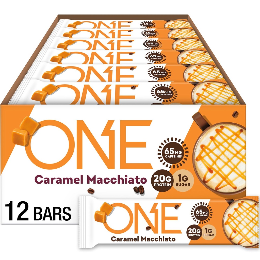 ONE Coffee Shop kofeinske proteinske čokoladice, karamelne Macchiato, gluten brez 20g beljakovin in 65mg kofeinske energije, shrambe, 2.12 oz (12 štev), pakiranje maj Vary