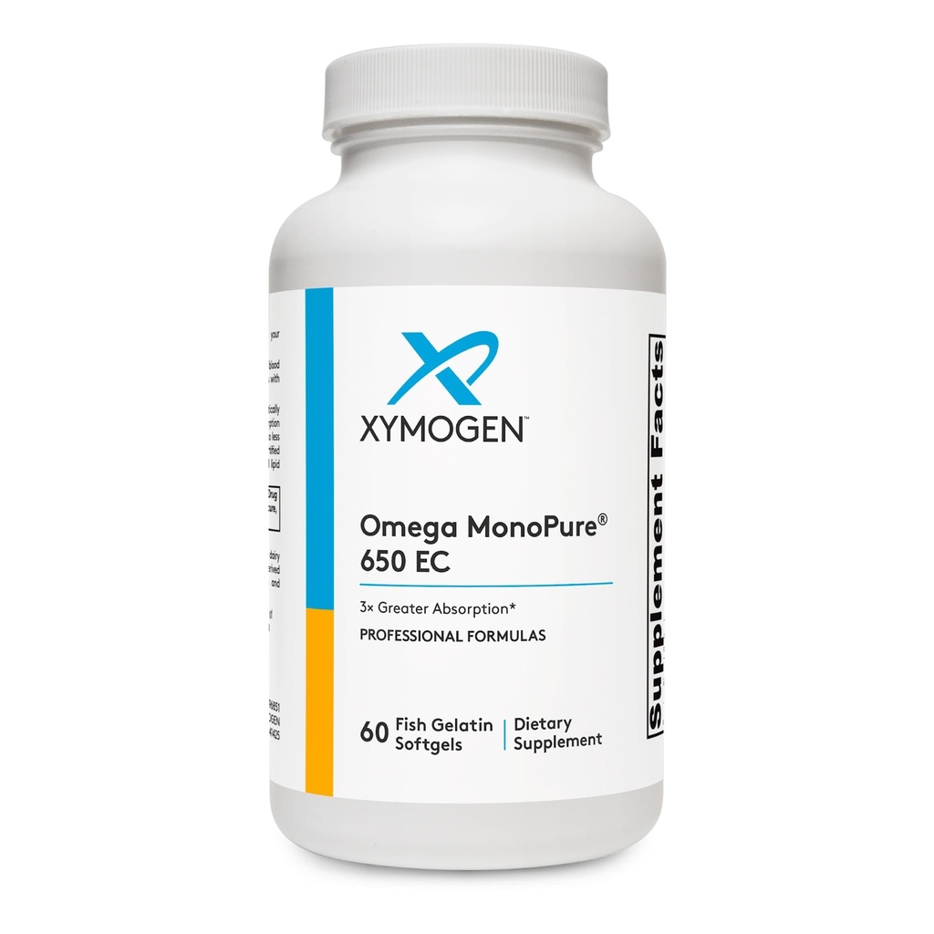 XYMOGEN Omega MonoPure 650 EC - Omega-3 ribje olje dopolnila za ženske in moške - z EPA, DHA & DPA - Manjša softgels s 3X večjo absorpcijo - Podpora zdravo srce in kognicija (60 Softgels)