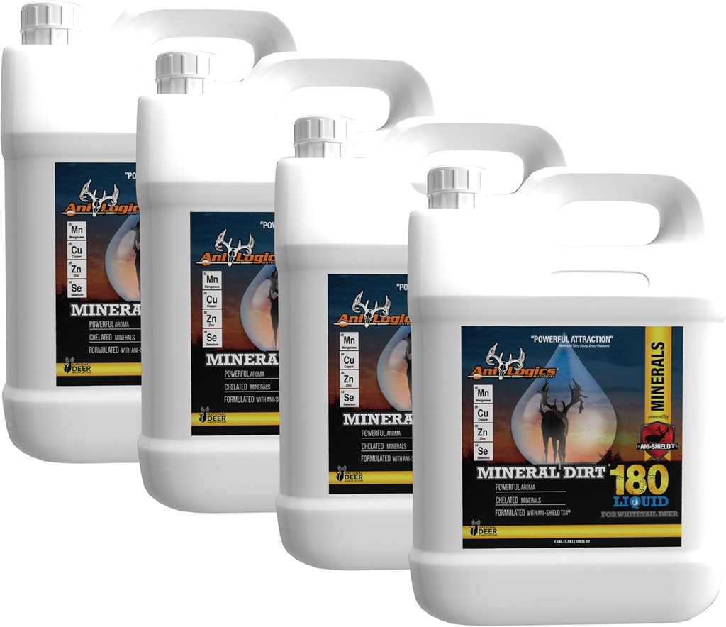 Ani-Logiki Na prostem Mineralna umazanija 180 Tekoči jelen Mineral - Pour-On atract za bloke, loge, & Stumps - Ustvarite mineralne lise in podporo Herd zdravje - 1 Gallon, 4 Pack