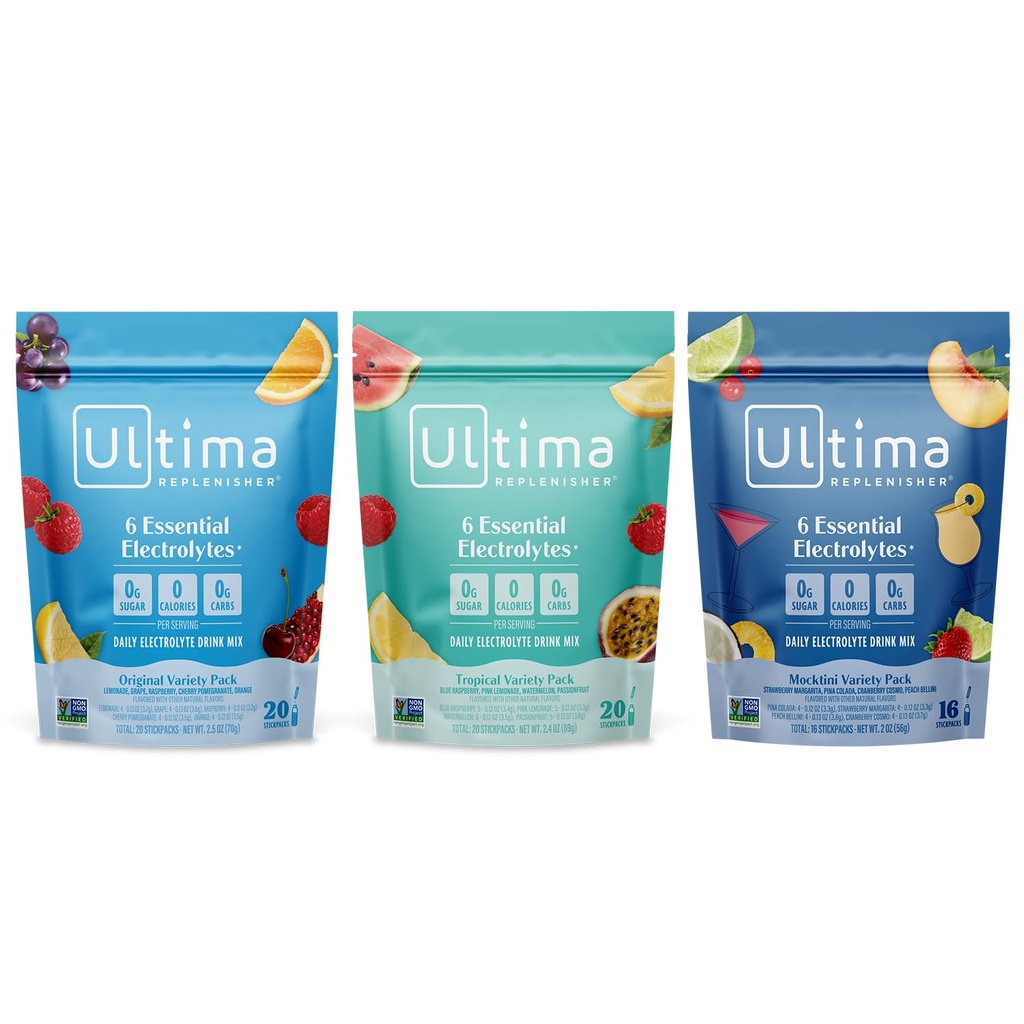 Ultima Replenisher Daily Electrolyte Powder Drink Mix – Sugar Free – Tropical, Mocktini, Original Variety, 56 Stickpacks – Hidracijski paketi – 6 Elektroliti in minerali – Keto, Non-GMO
