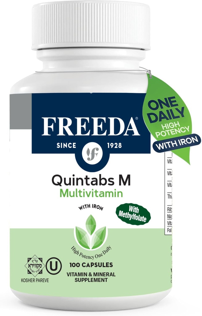 FREDA Multivitamin – Quintabs-M z železom – Kosher Multi Vitamini Dodatki za zdravje žensk – Multivitamini za ženske in železno-odkriti moški Vitamini za odrasle Multivitamin (100)