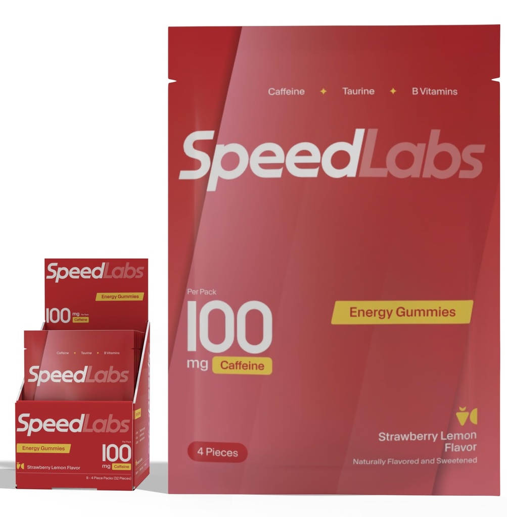 Speed Labs Kofein Energy Gumies Jagoda Lemon Natural, 25mg Kofein, Tavrin, B-vitamini na kos, 32 kosov (8 paketov) Vegan, Gluten Prost, 1g dodan sladkor