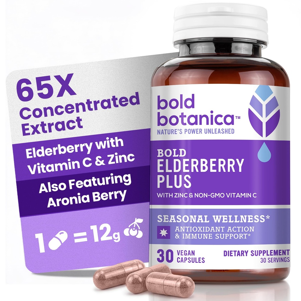 Bold Botanica Elderberry Plus - 65x Koncentriran izvleček črnega jagodičja z cinkom in vitaminom C za dnevno podporo imunskemu sistemu in sezonsko dobro počutje - ne-GMO, 30 veganskih kapsul