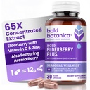Bold Botanica Elderberry Plus - 65x Koncentriran izvleček črnega jagodičja z cinkom in vitaminom C za dnevno podporo imunskemu sistemu in sezonsko dobro počutje - ne-GMO, 30 veganskih kapsul