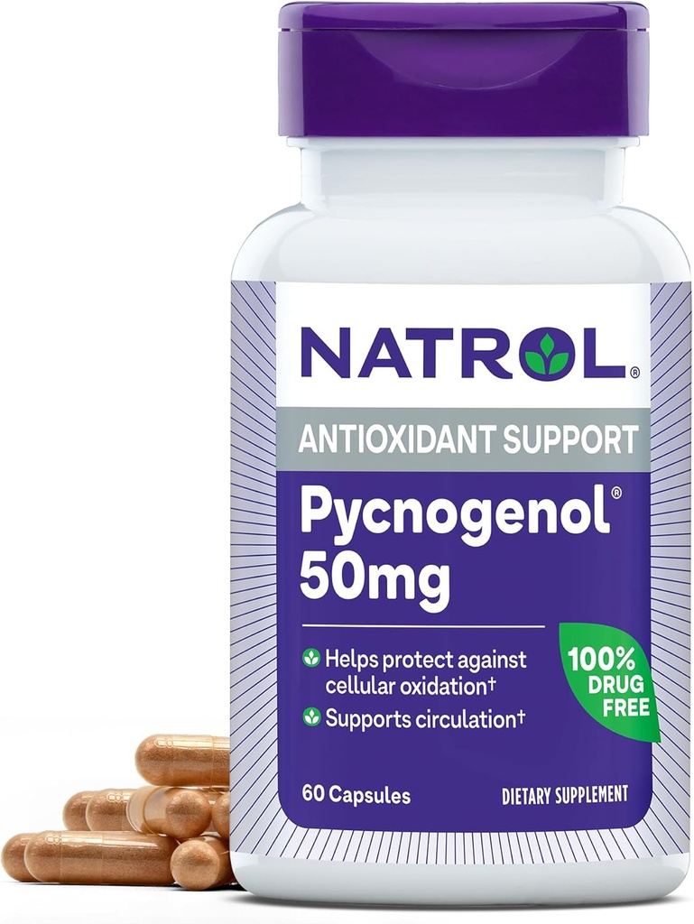 Natrol Pycnogenol Kapsule, Antioksidant Zaščita, Dopolnilo ščiti pred celično oksidacijo in starostno škodo, Evropski pomorski Pine Bark Extract, Podpira kroženje, 50 mg, 60 Število