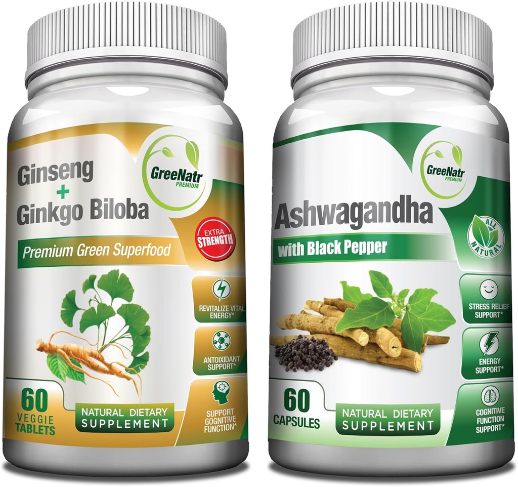 GreeNatr Premium Bundle za holistično dobro počutje: Organic Ashwagandha Kapsule, s črnim poprom za razbremenitev stresa, Plus Ginseng + Ginkgo Biloba tablete, Tradicionalni energetski pospeševalec.