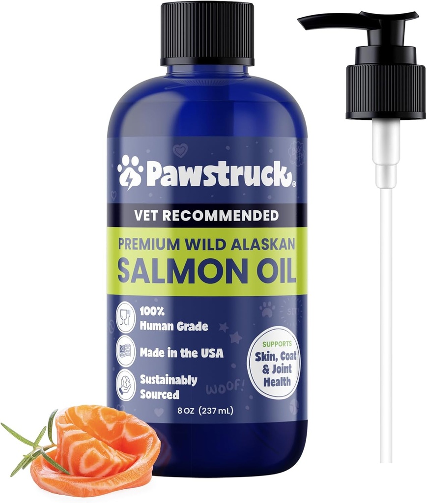 Pawstruck Pure Human-Grade Wild Aljaska Salmon Oil za pse in mačke – Omega 3 & 6, Dodatna moč, EPA DHA Maščobne kisline za imuno podporo