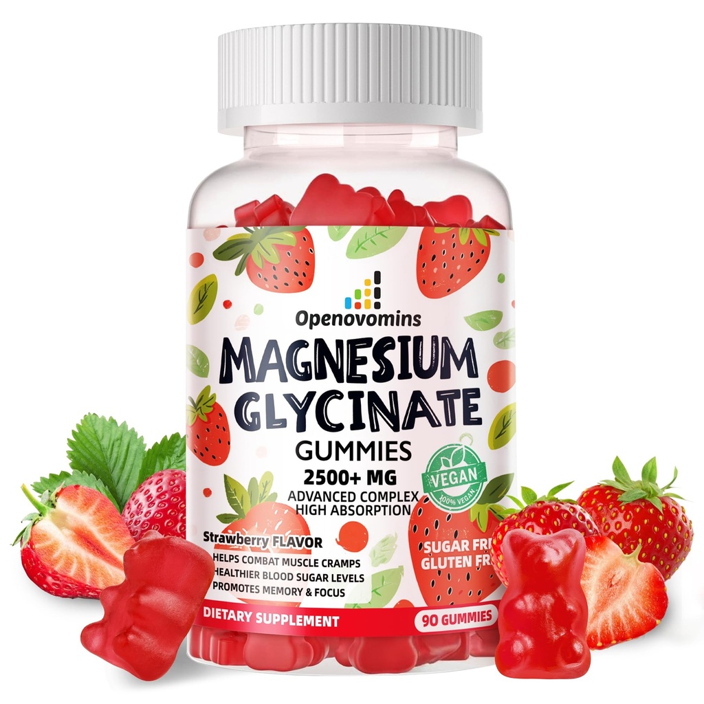 Magnezijev Glycinate Gumies 2500mg - Brez sladkorja Magnezijev Kalij dodatek z vitaminom D, B6, CoQ10 za mirno Mood in podporo za spanje - 90 Jagode