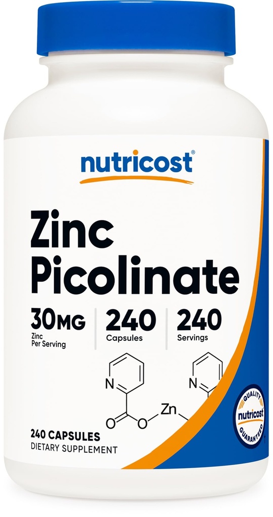 Nutricost cinkov pikolinat 30 mg, 240 kapsul - brez glutena in brez glutena