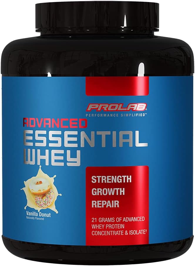 ProLab Advanced Essential Whey Protein Powder, Whey koncentrat in izolat Mešanica, 21g beljakovine, BCAA, prebavne encime, podpora mišic in regeneracija (Vanilla Donut)