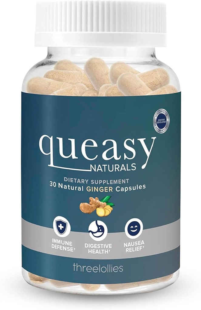 Tri lizike Queasy Naturals Ginger Kapsule - Neumiljiva slabost Relief dodatek - Motion Bolezen preprečevanje in slabost Relief med kemoterapijo - 1000mg Ginger Root - 30 Caps