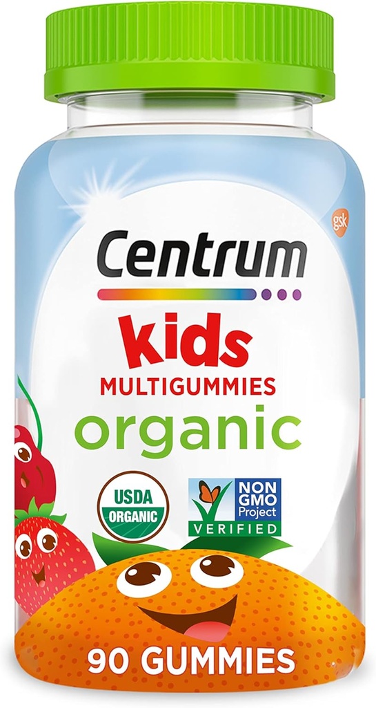 Centrum Kids' Organic Multigumies, Kids Multivitamine Gummies, Organic Multivitamin za otroke z bistvenimi hranili za imuno podporo, delovanje mišic in zdravje možganov - 90 Count
