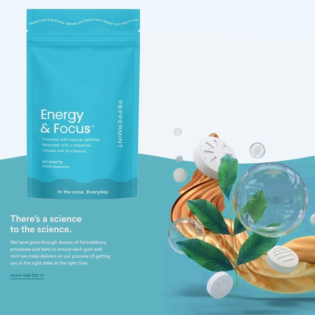 Energija Kofein Mints (90), Sugar-free, Vegan, Gluten-free, Peppermint. Pospešuje fokus, vzdržljivost z L-Theanine, Kofein, B12 & B6. Hitra igra, Žepek Sized za hitro energijo.
