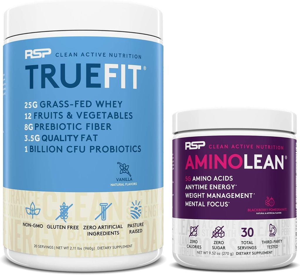 RSP HRANILNA AminoLean Pred treningom Energija (BlackBerry Granate 30 Servingate) s TrueFit Protein Powder (Vanilla 2 LB)
