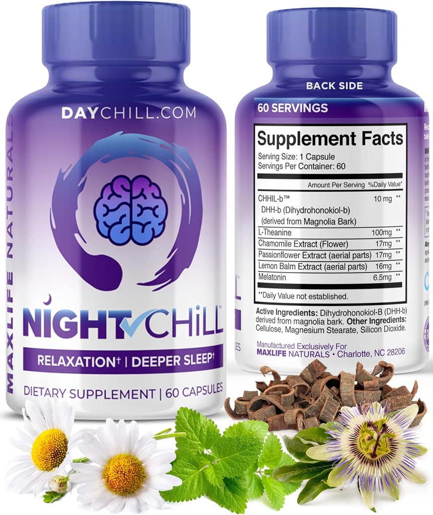 Night Chill Sleep Supplement – 60 Kapsule - Nepomirljiva podpora za spanje z DHH-B iz Magnolia Bark in L-Theanine dodatek - Stress Calm Mood Podpora - tablete za spanje za odrasle MaxLife Naturals
