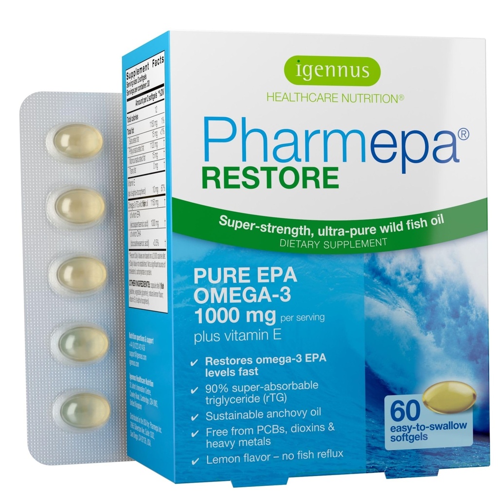 Igennus Pharmepa Restore, Pure EPA 1000mg, Omega 3 rtG ribje olje, IFOS Certified, Visoka absorpcija, 90% Koncentracija Trojna moč, Wild & Sustainable, Lemon Flavor, 1-Mesec dobave, 60 Softgels