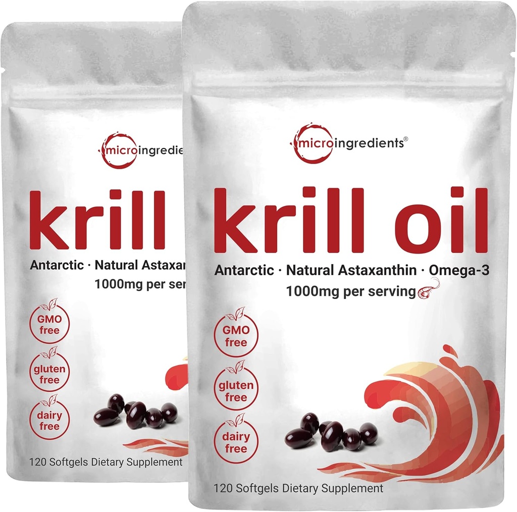 2 Pack Antarktika Krill Oil Supplement, 1000mg na serviranje, 120 Soft-Gels vsak, bogata z omega-3s, EPA, DHA & Astaksantin, podpira zdravje možganov, Premium Krill Oil Kapsule Tekoči softgels