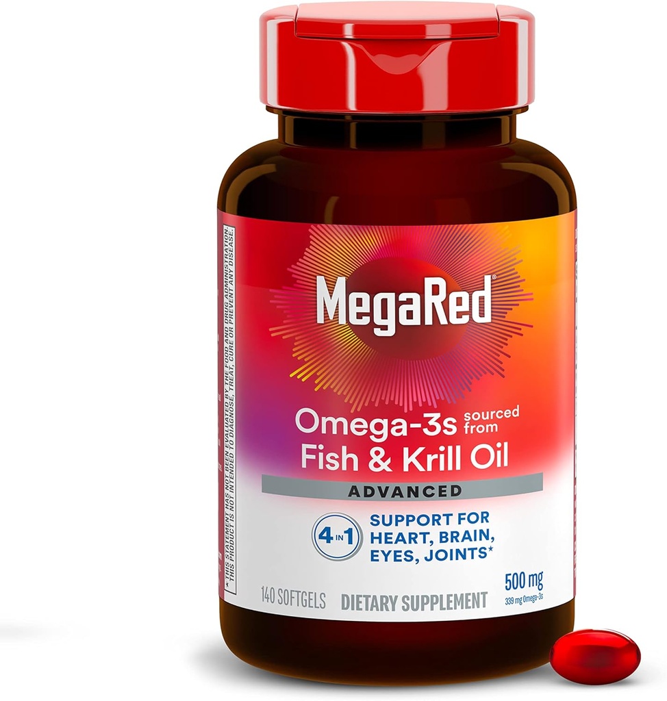 MegaRed Omega 3 ribje olje dodatek + Krill olje 500mg, Napredno 4in1 EPA & DHA Omega 3 Maščobne kisline Mehčalci (140cnt steklenica), Fosfolipidi, Podpira Možganske oči skupno in zdravje srca