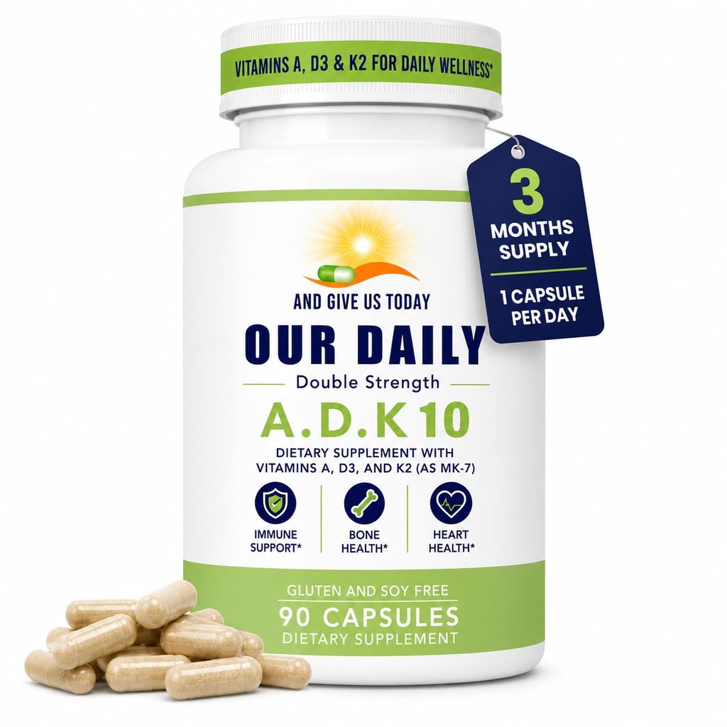 Naše dnevne Vites ADK 10 Dvojna moč (10 000 iu) Vitamini A1, D3 & K2 (kot MK7) - Physician Formulated Bone & Immune System Supplement - Gluten Free, Non-GMO - 90 vegetarijanske kapsule