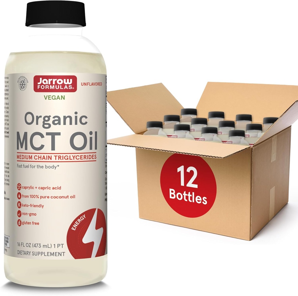 Jarrow Formulas Organic MCT Oil - 16 fl oz - hitro gorivo za možgane in mišice - Caprylic (C8) + Capric Acid (C10) - Ketogene prehrana prijazno dopolnilo - nearomatizirana (Pack of 12)