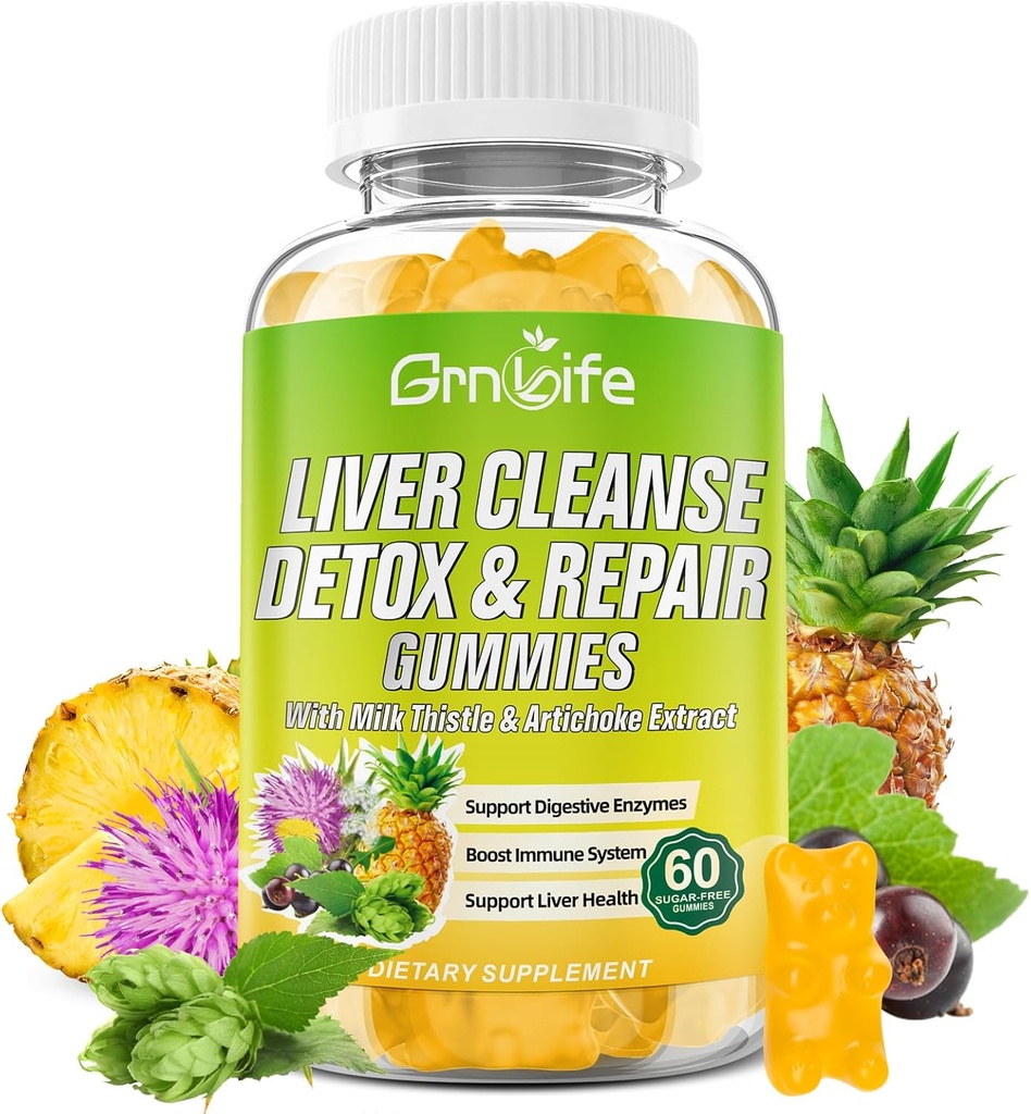 Jetrna čistila Detox in popravila Gumies z mlekom Thistle 3000mg, 24-in-1 Jetrna zdravstvena dopolnila z Dandelion, Artičoke, Sladkor brez jeter Detox Gummies, Ananas Flavor - 60 Count