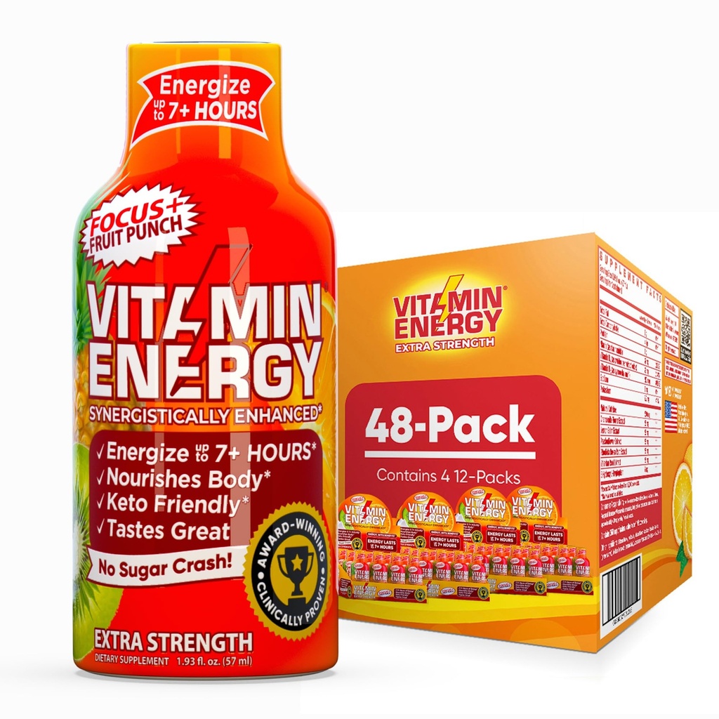 Vitamin Energija Fokus+ Dodatna moč Energija Shot Sadni Punch 48 Pack, 260mg Naravni kofein, B-vitamini, CoQ10, Aminokisline, Fokus, Produktivnost in čistost, Nič sladkorja, Gluten-free, 1,93 fl oz