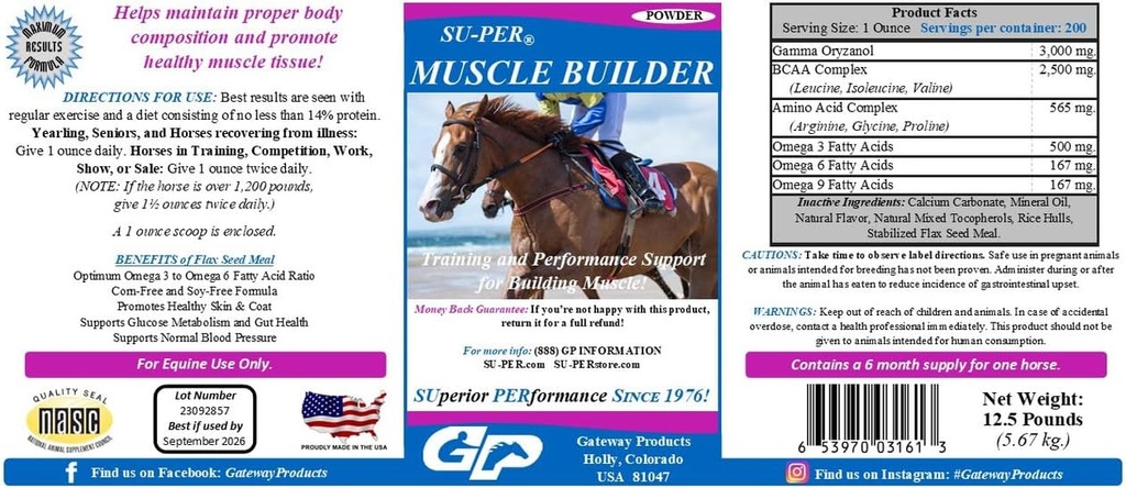 SU-PER Muscle Builder Horse Supplement - Usposabljanje in podpora za trening mišic - 12,5 funt, 6 mesecev dobave