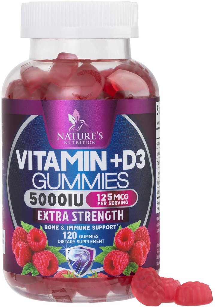 Vitamin D3 dopolnilo Gummy 5000 i.e. (125 μg) Prehranski vitamini D za moške in ženske - podpora za zdravje kosti, zob, mišic in imunskega sistema, visoka jakost VIT D3 Brez GMO in glutena - 120 Gummijev