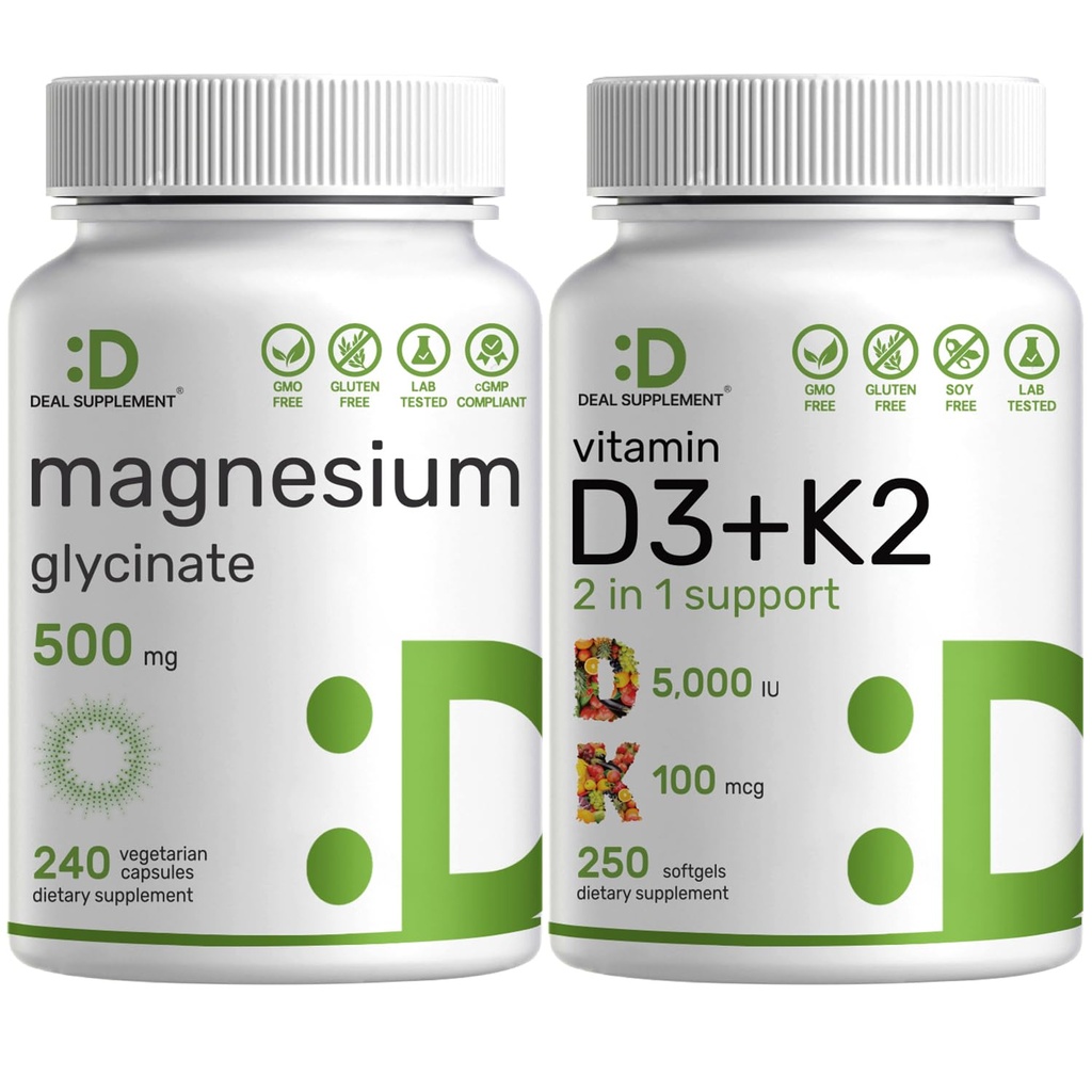 Magnezij Glycinate 500mg Veggie Kapsule & Vitamin D3 5000iu + K2 100mcg Softgels Bundle – Preprosto absorbirani kelirani mineral – D & K Essential Sunshine Vitamins