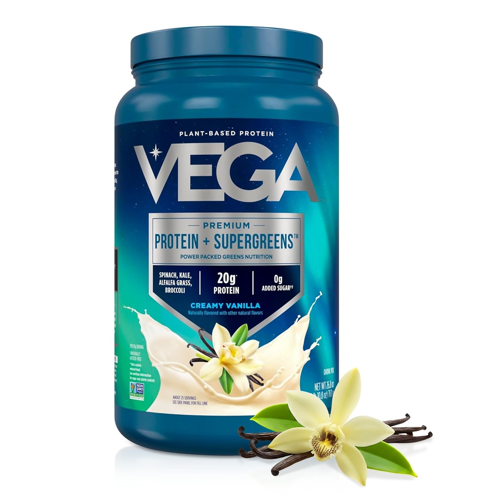 Vega Premium Beljakovine + Superzeleni - 20g Beljakovine, kremna vanilja, 25 Servisi, Špinača, Kale, Alfalfa Trava, Brokoli, 0g Dodani sladkor, Ne-GMO, Gluten brez, Mlečni, 1,68 lbs (Packaging May Vary)