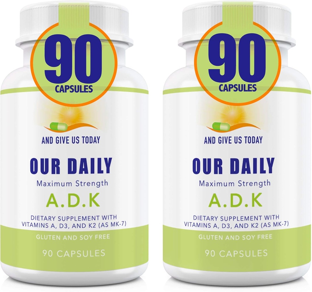 Naše dnevne Vites ADK dodatek - Vitamin A, D3 & K2 (kot MK7) - Podpora za kosti, Imunski sistem - Visoka moč Vitamini z ne gensko spremenjenimi sestavinami - Gluten, brez soje Zelenjavne kapsule 180 CT