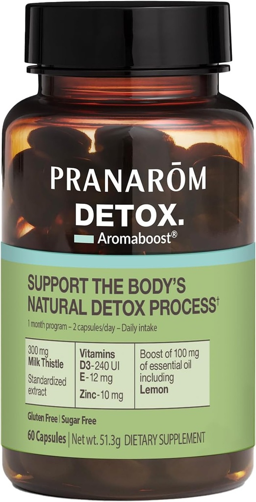 Pranarom - Aromaboost Detox Zeliščni dodatek - Odstranjuje toksine in drenaže Telo - Mlečni osat in cink - Vitamina D3 in E - Lemon Essential Oil - 60 Count