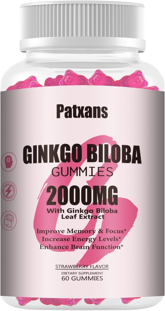 1 Pack 2000mg Ginkgo Biloba Gummies - Ginkgo Biloba dopolnila za podporo zdravju možganov, izboljšanje razpoloženja in fokusa, energetika, odrasli, jagodni okus, 60 Count